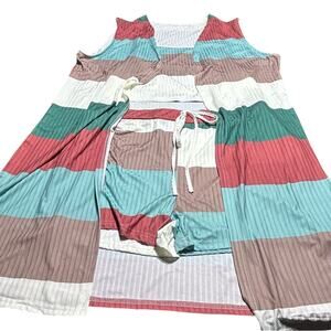 Striped Sleeveless Cardigan with 1/2 top and Shorts 3 piece set